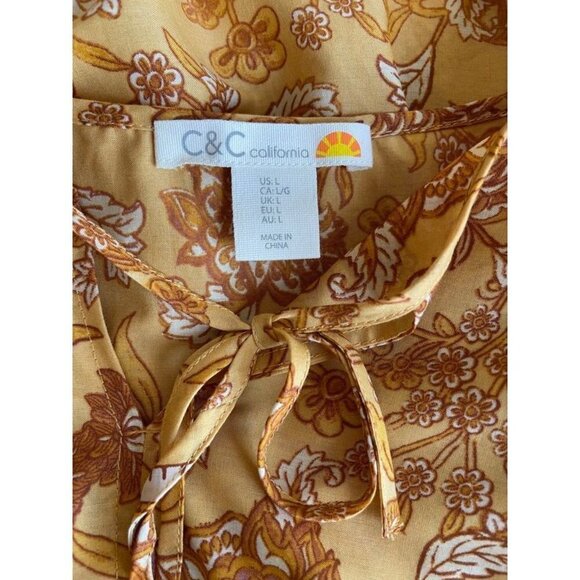 C&C California Mustard Yellow Floral 100% Cotton Peasant Top Tie Neck Size Large - Picture 4 of 12